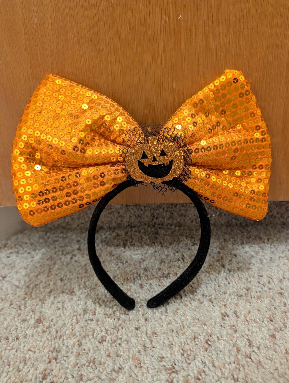 Halloween Jack O' Lantern Sequin Minnie Ears Inspired Bow Headband